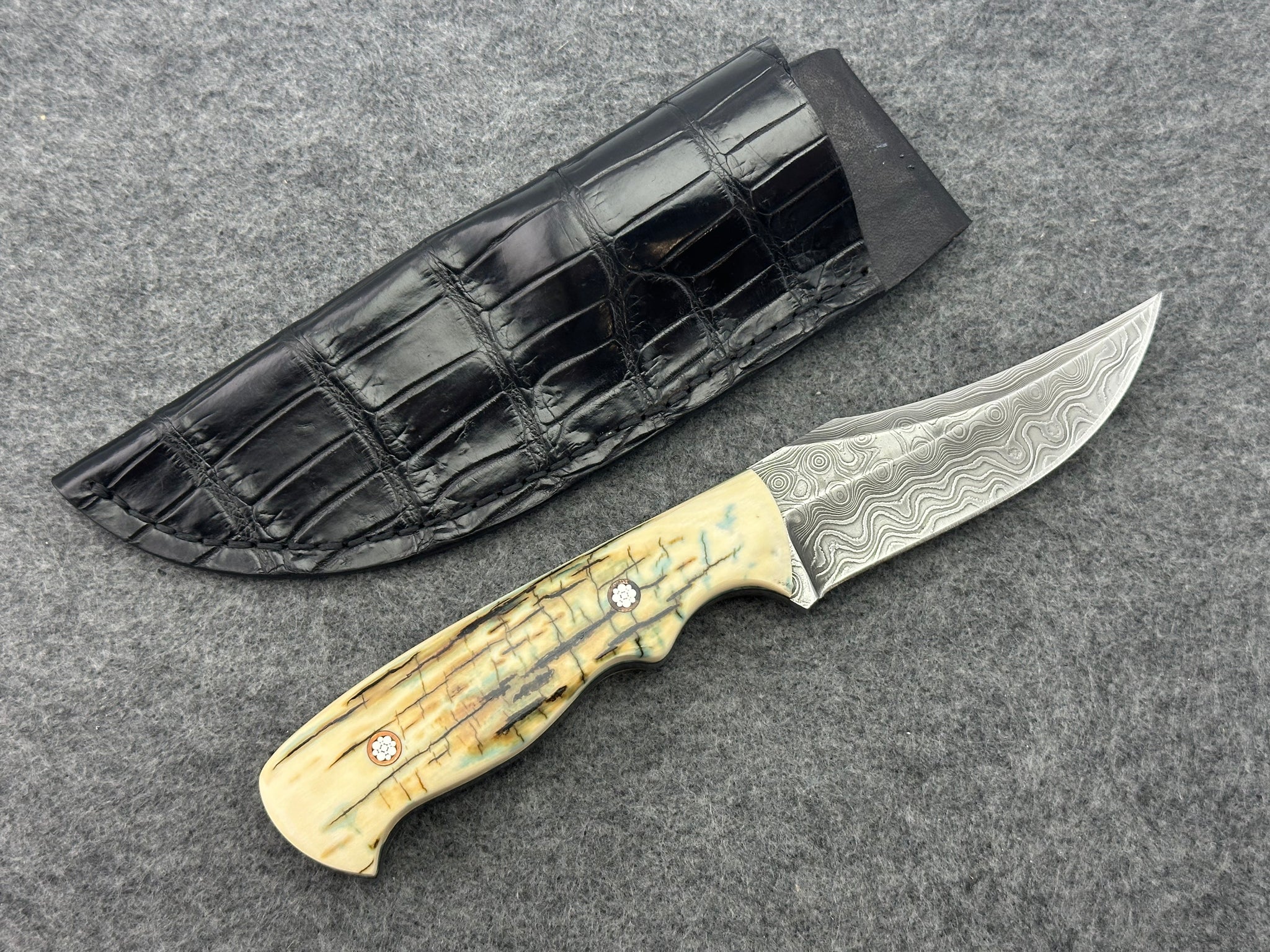 Sam Hawkins False Edge Hunter with Curvy Damascus, Mammoth Ivory Handle & Alligator Sheath