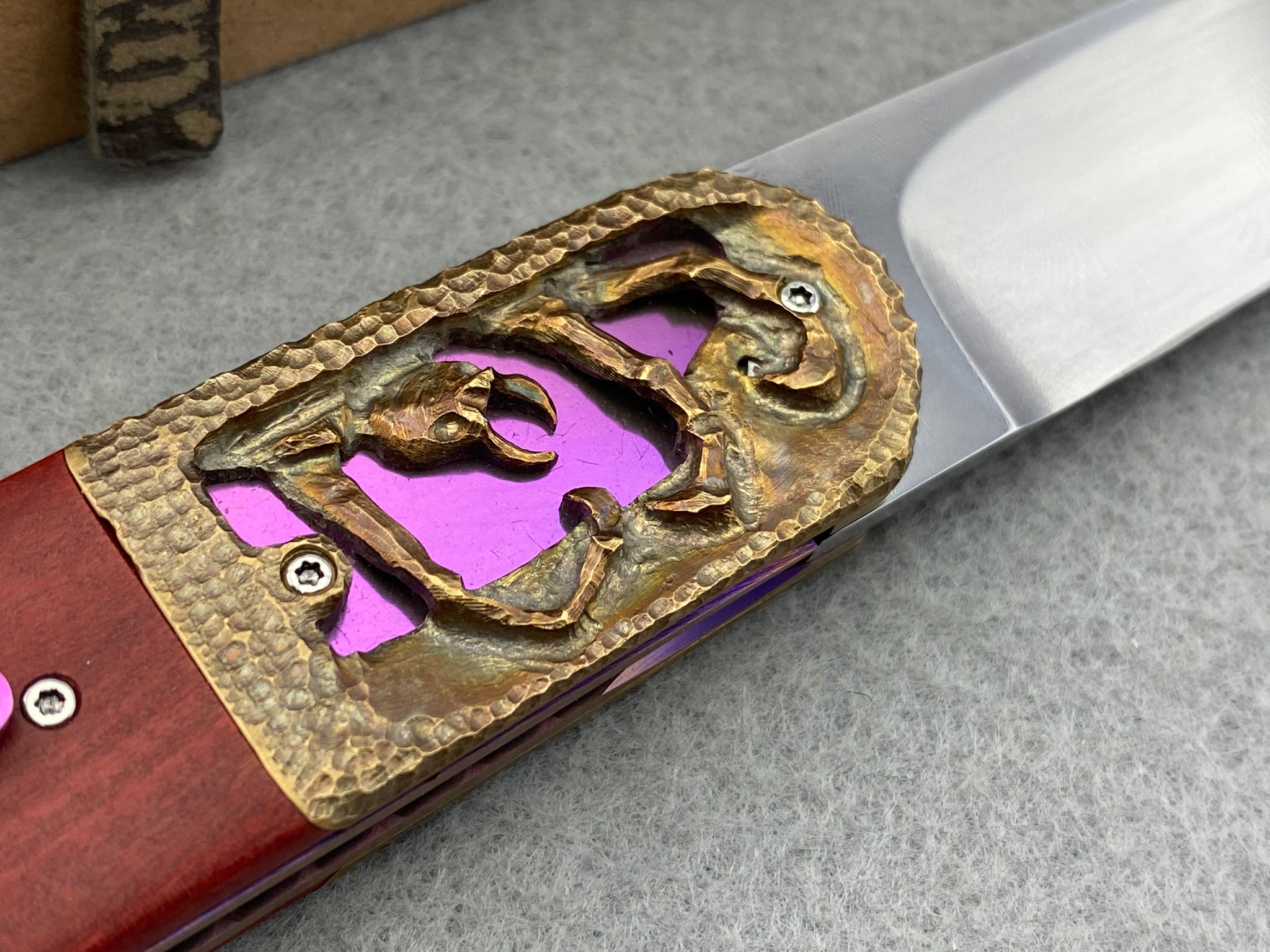 Theuns Prinsloo Damascus Front Flipper with Carved Bolster - “Arachnid”