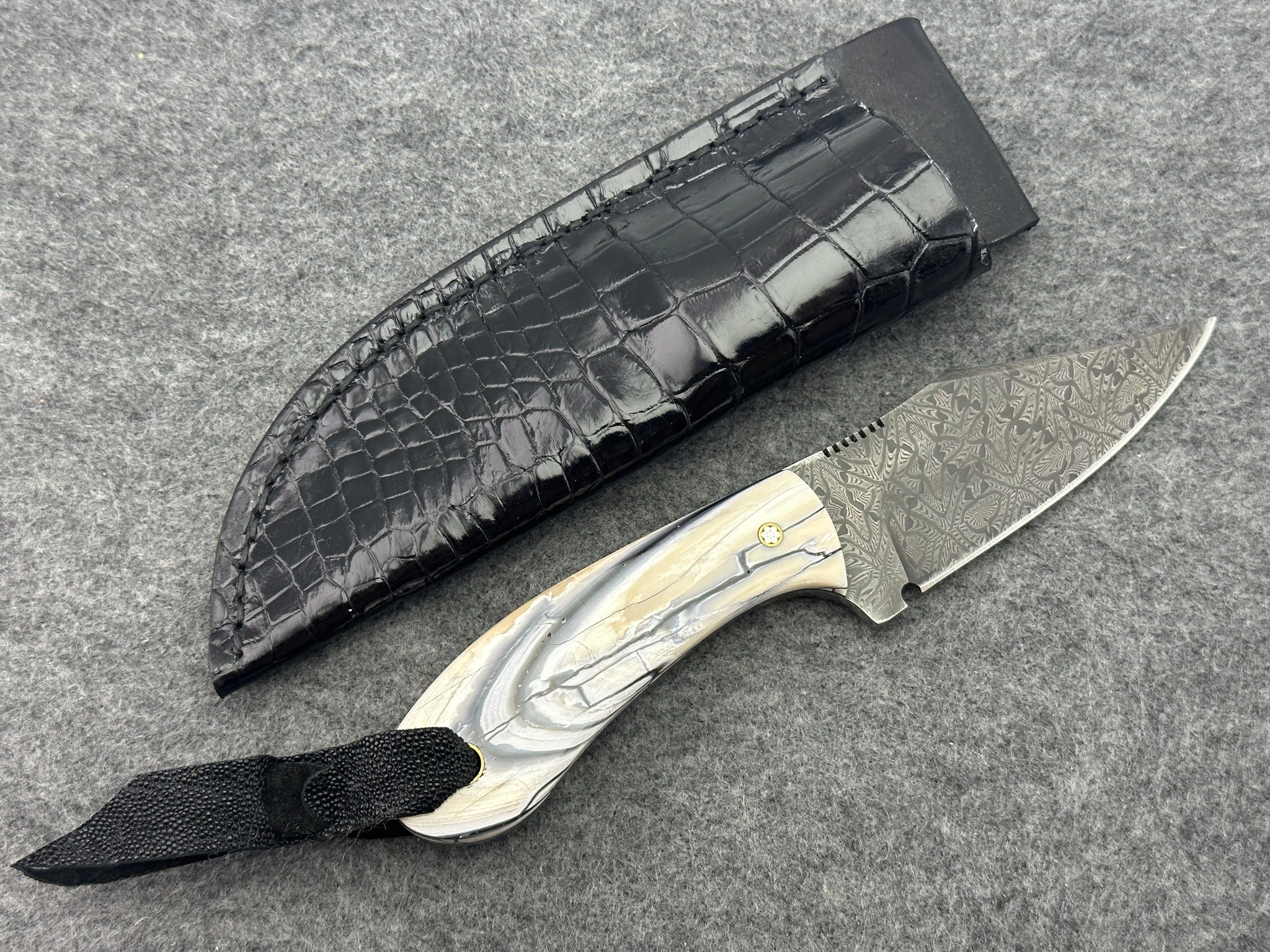 Sam Hawkins Clip Hunter with Mosaic Damascus, Mammoth Ivory Handle & Alligator Sheath
