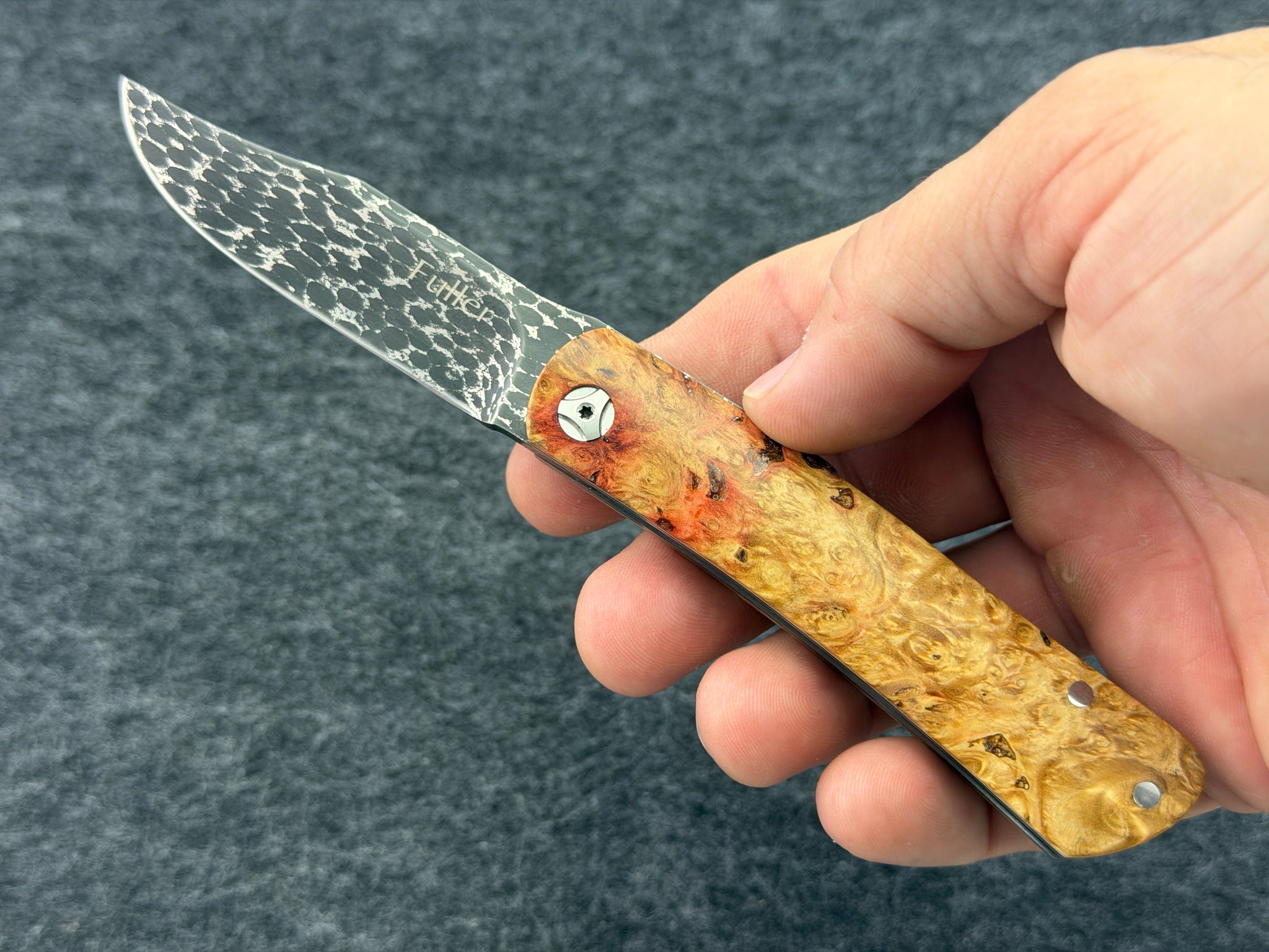 CW Fuller - Asteroid Damascus Friction Folder w/ Bird's Eye Maple Burl