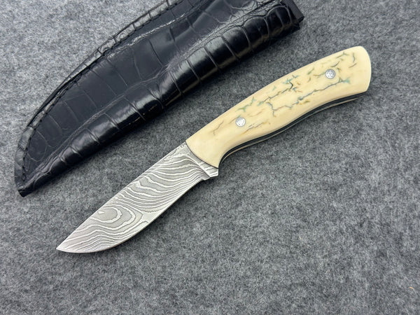 Sam Hawkins Drop Point Hunter with Elevation Damascus, Mammoth Ivory Handle & Alligator Sheath