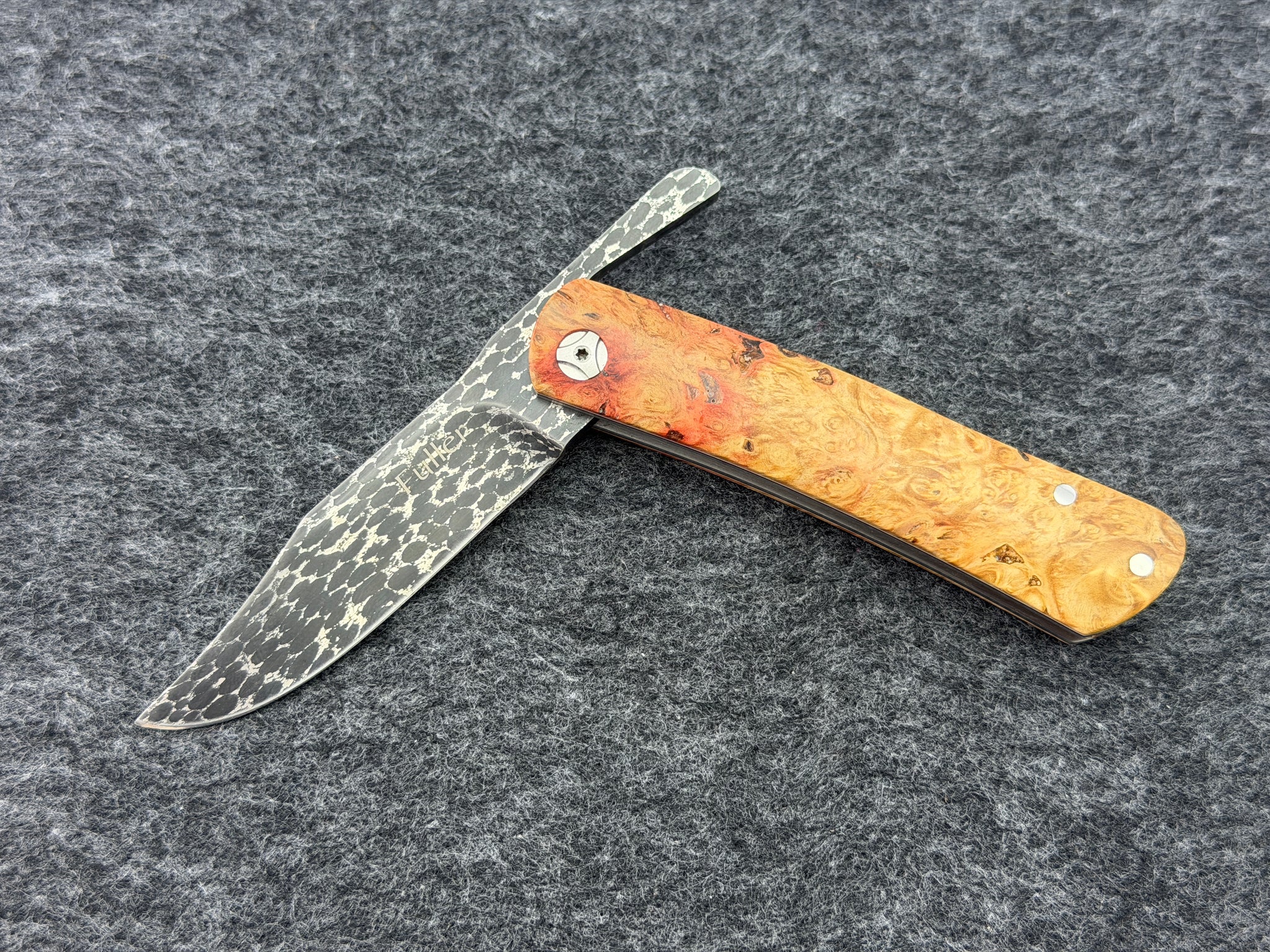 CW Fuller - Asteroid Damascus Friction Folder w/ Bird's Eye Maple Burl