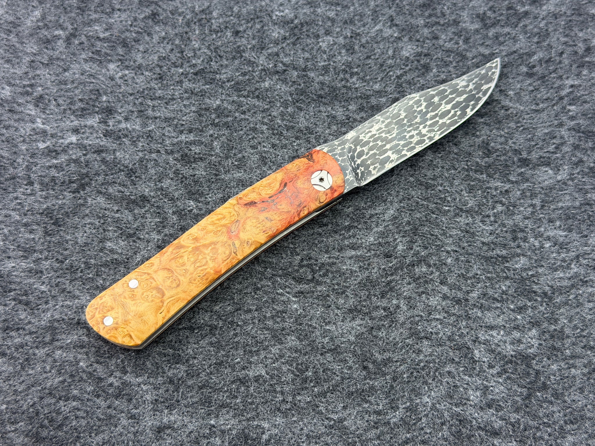 CW Fuller - Asteroid Damascus Friction Folder w/ Bird's Eye Maple Burl