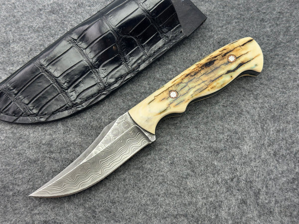 Sam Hawkins False Edge Hunter with Curvy Damascus, Mammoth Ivory Handle & Alligator Sheath