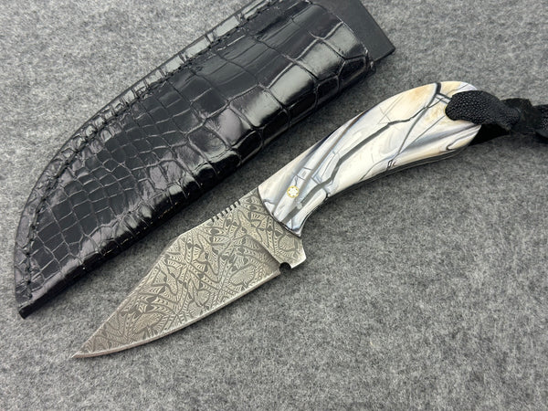Sam Hawkins Clip Hunter with Mosaic Damascus, Mammoth Ivory Handle & Alligator Sheath