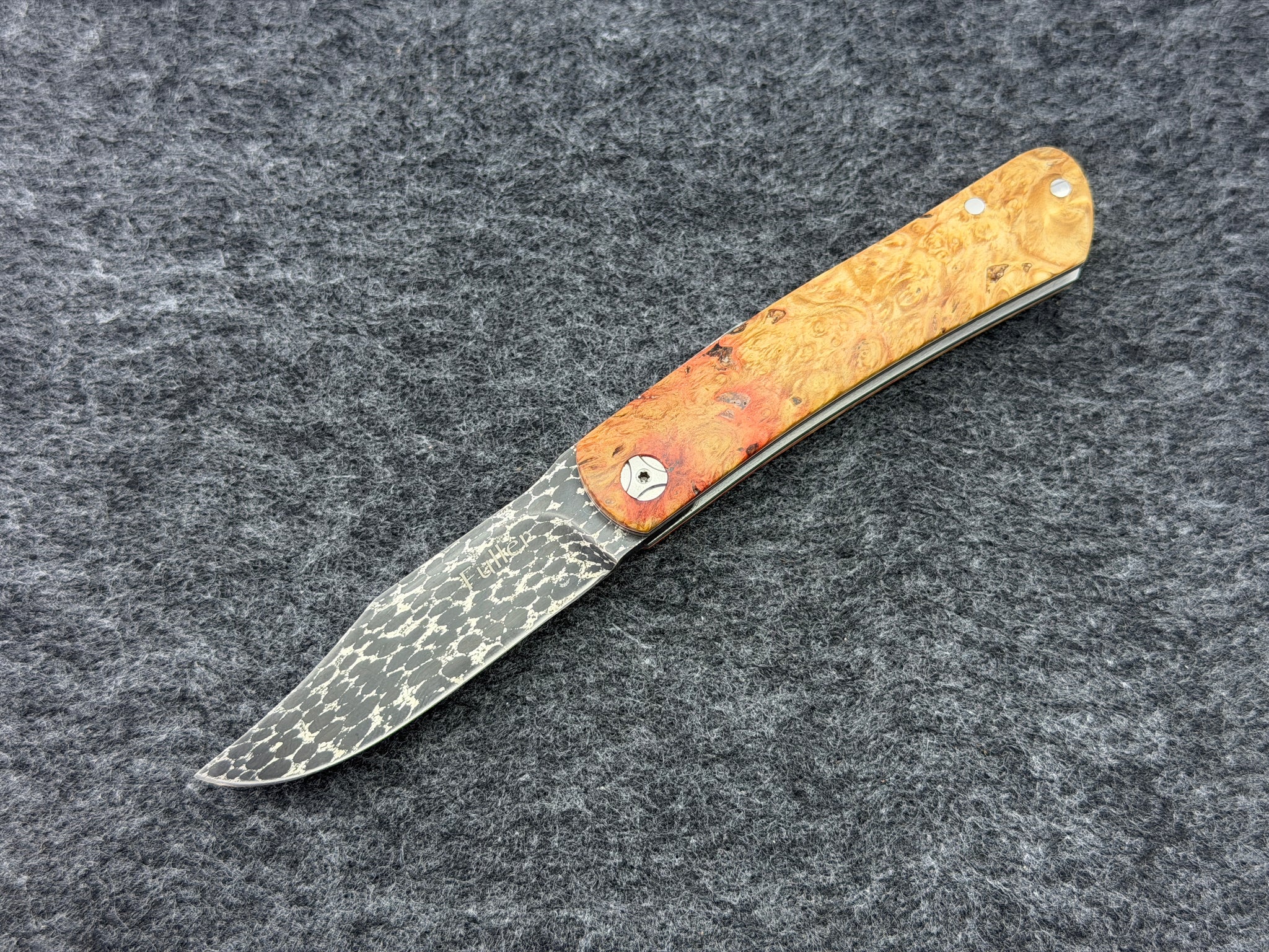 CW Fuller - Asteroid Damascus Friction Folder w/ Bird's Eye Maple Burl