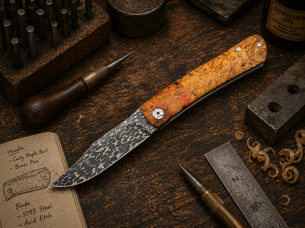CW Fuller - Asteroid Damascus Friction Folder w/ Bird's Eye Maple Burl